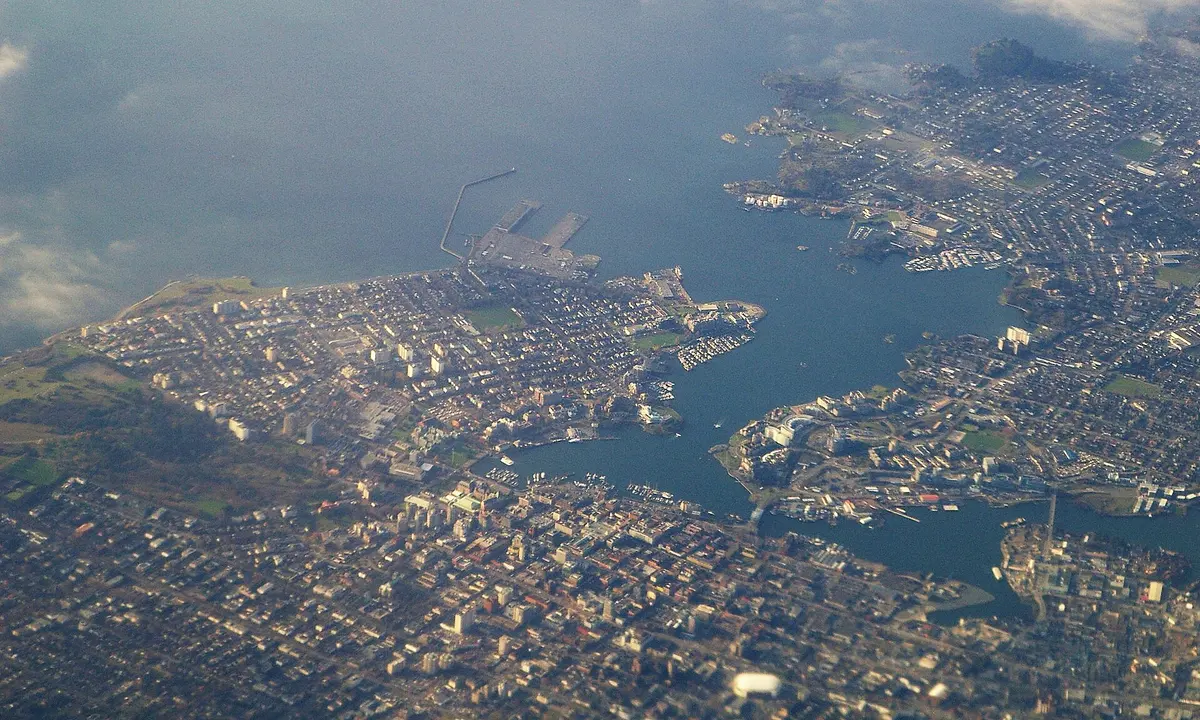 Aerial view of Victoria, its harbour and the surrounding city on the southern tip of Vancouver Island