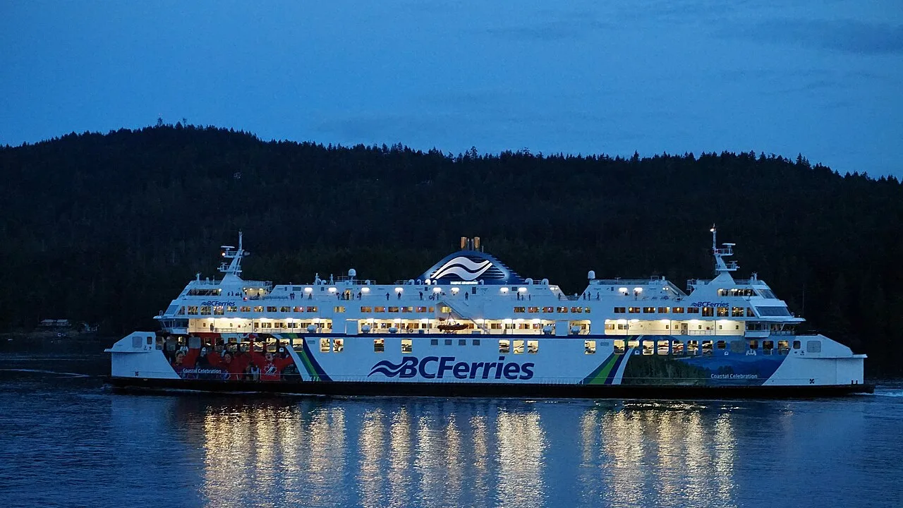 A BC Ferries vessel at Tsawwassen terminal with the Strait of Georgia beyond