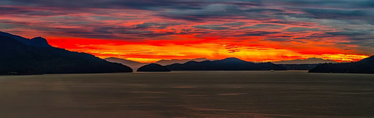 Sunset light over the islands and inlets of Howe Sound north of Vancouver