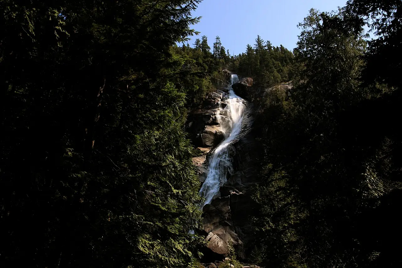 Shannon Falls cascading down a forested cliff near Squamish beside Highway 99