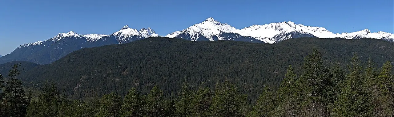 Snowy Tantalus Range peaks seen across the valley from the Sea-to-Sky Highway