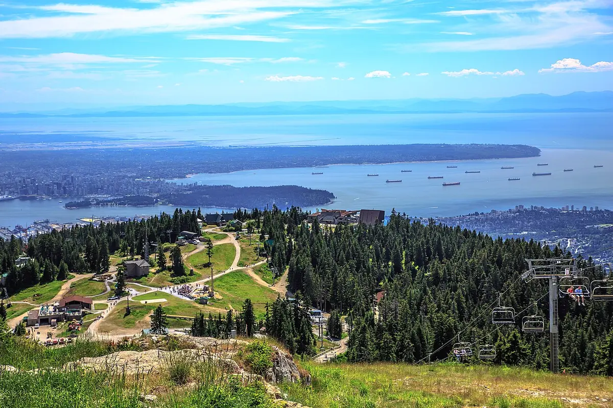 The view down over Vancouver, the harbour and the islands from the top of Grouse Mountain