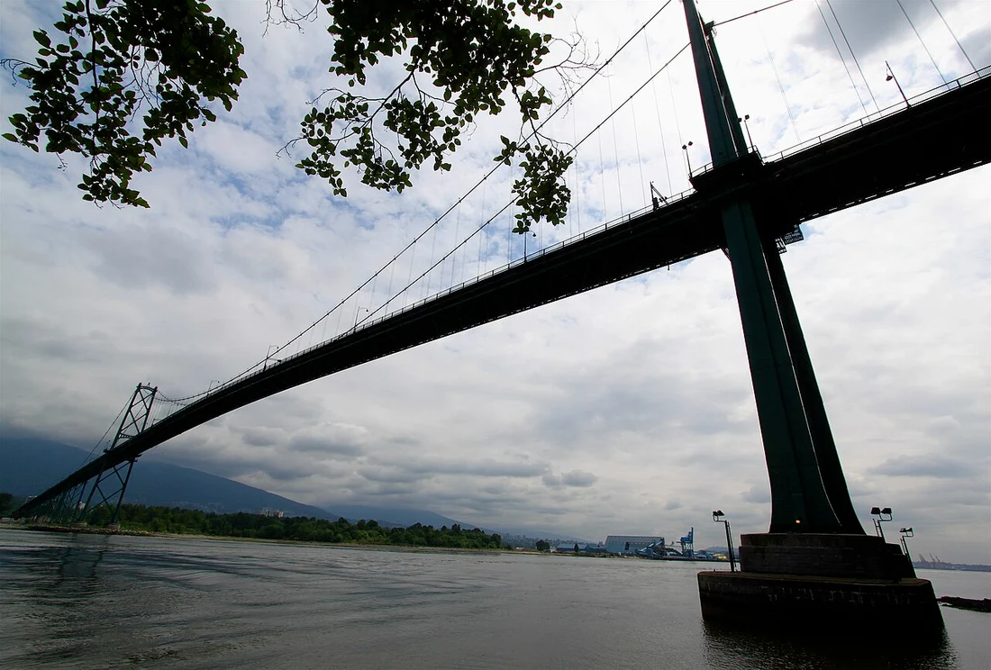 The green Lions Gate Bridge spanning the First Narrows seen from the trees of Prospect Point