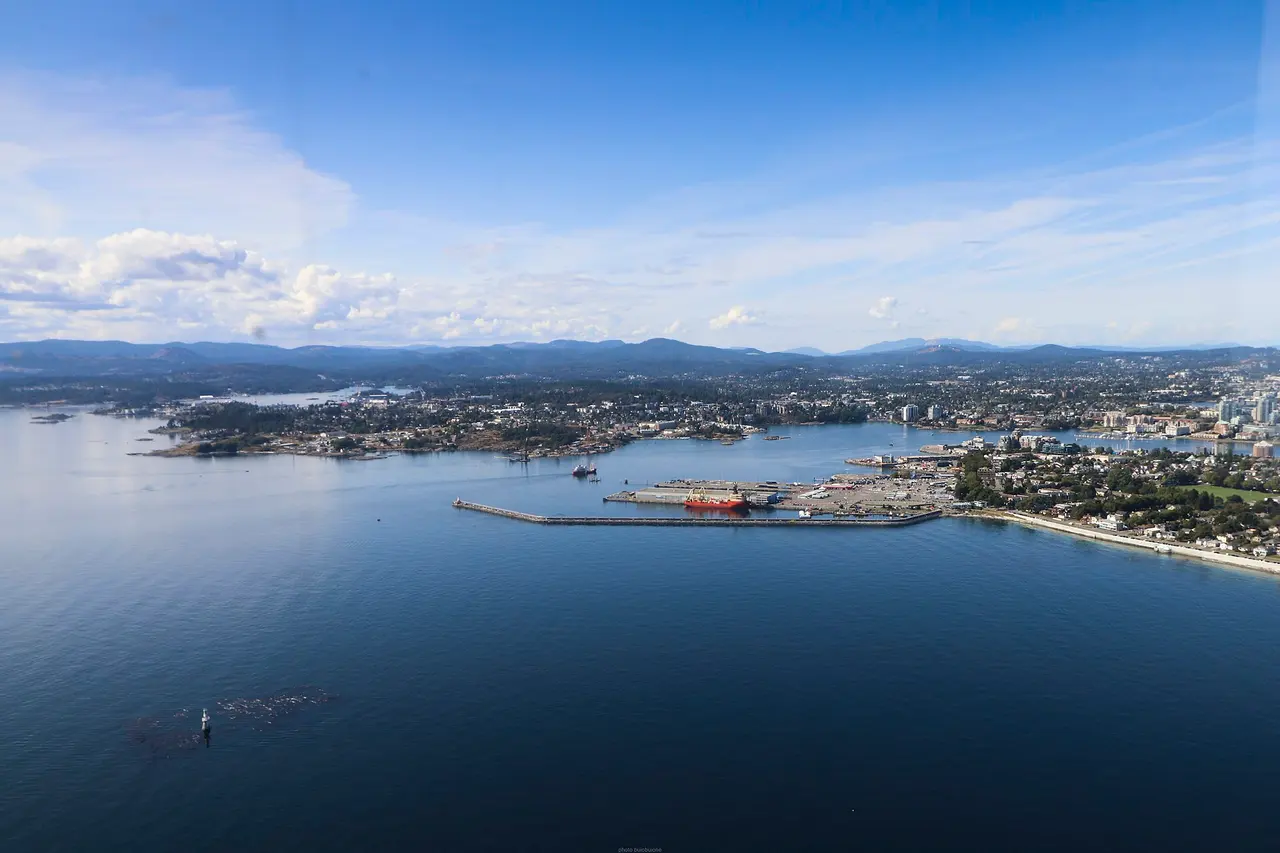 Aerial view of Victoria, its harbour and the surrounding islands seen from a floatplane