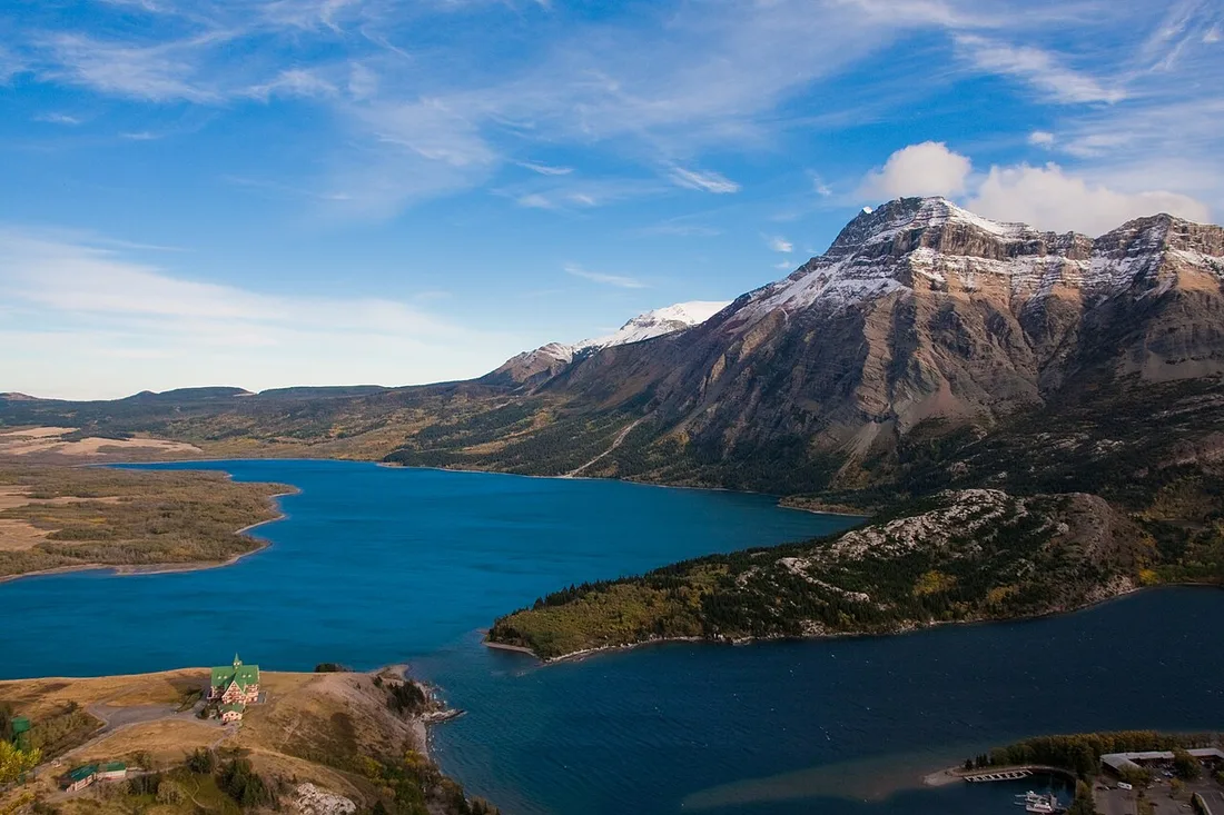 View from Bear's Hump down to the Prince of Wales Hotel and Waterton townsite on the lake below