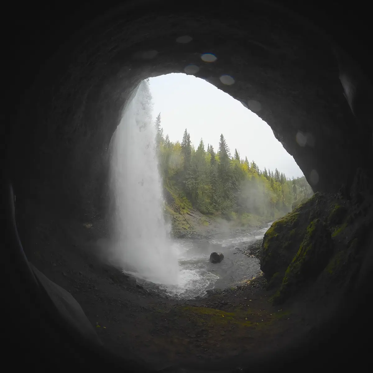 Moul Falls seen from the cave behind the water in Wells Gray Provincial Park