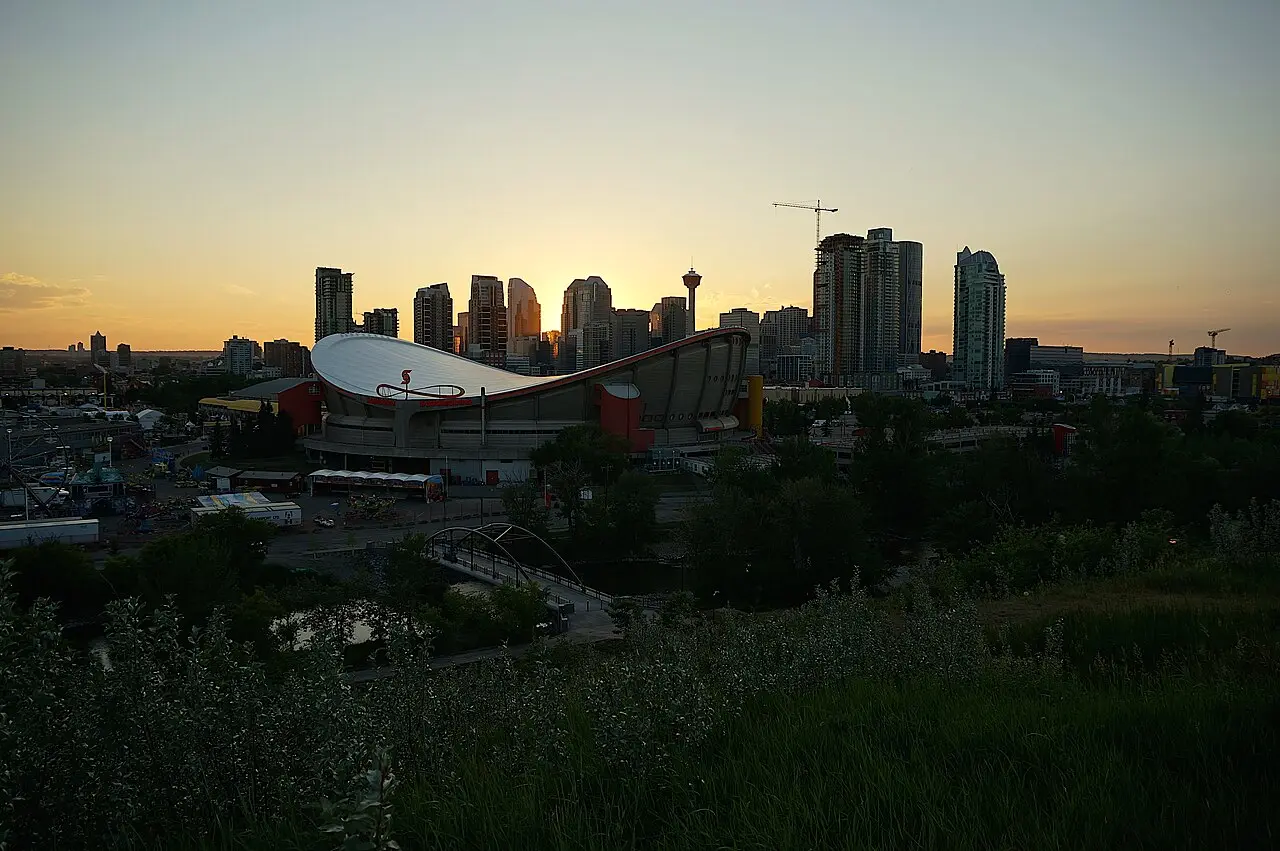 Calgary downtown towers seen from a residential street south of the core