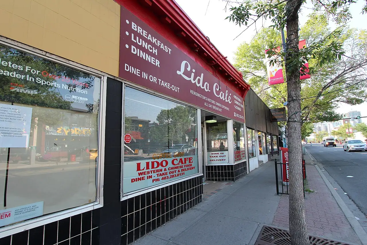 Shopfronts and pedestrians along a Kensington street in Calgary on a summer day