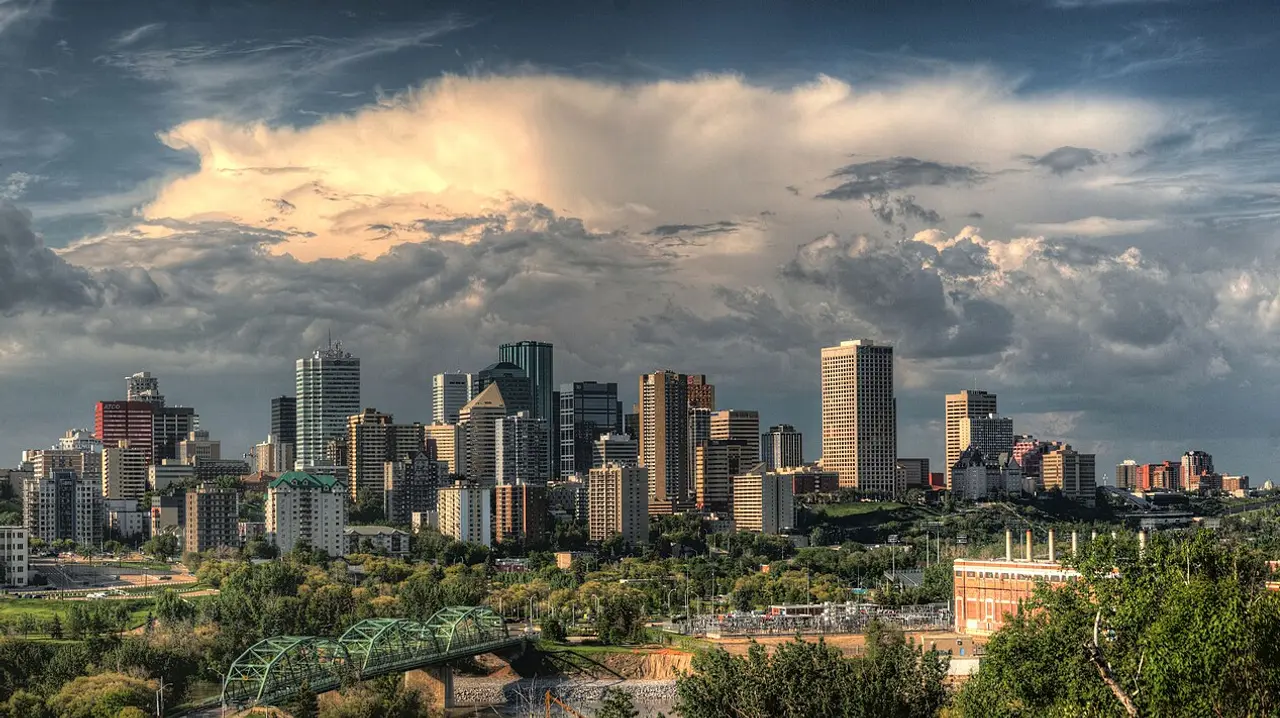 Downtown Edmonton skyline stretching under a clear prairie sky