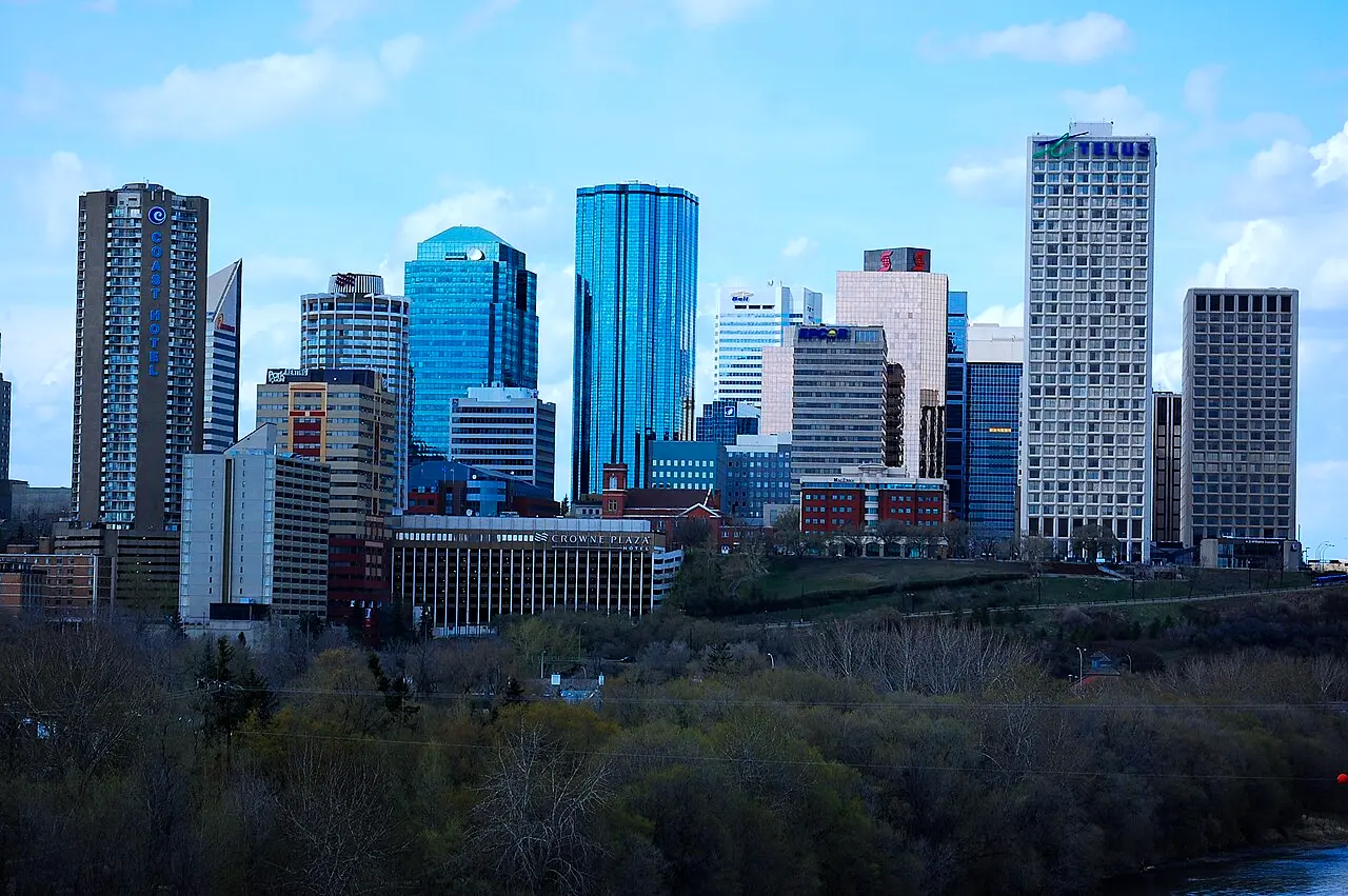 Daytime view of downtown Edmonton towers under a blue sky