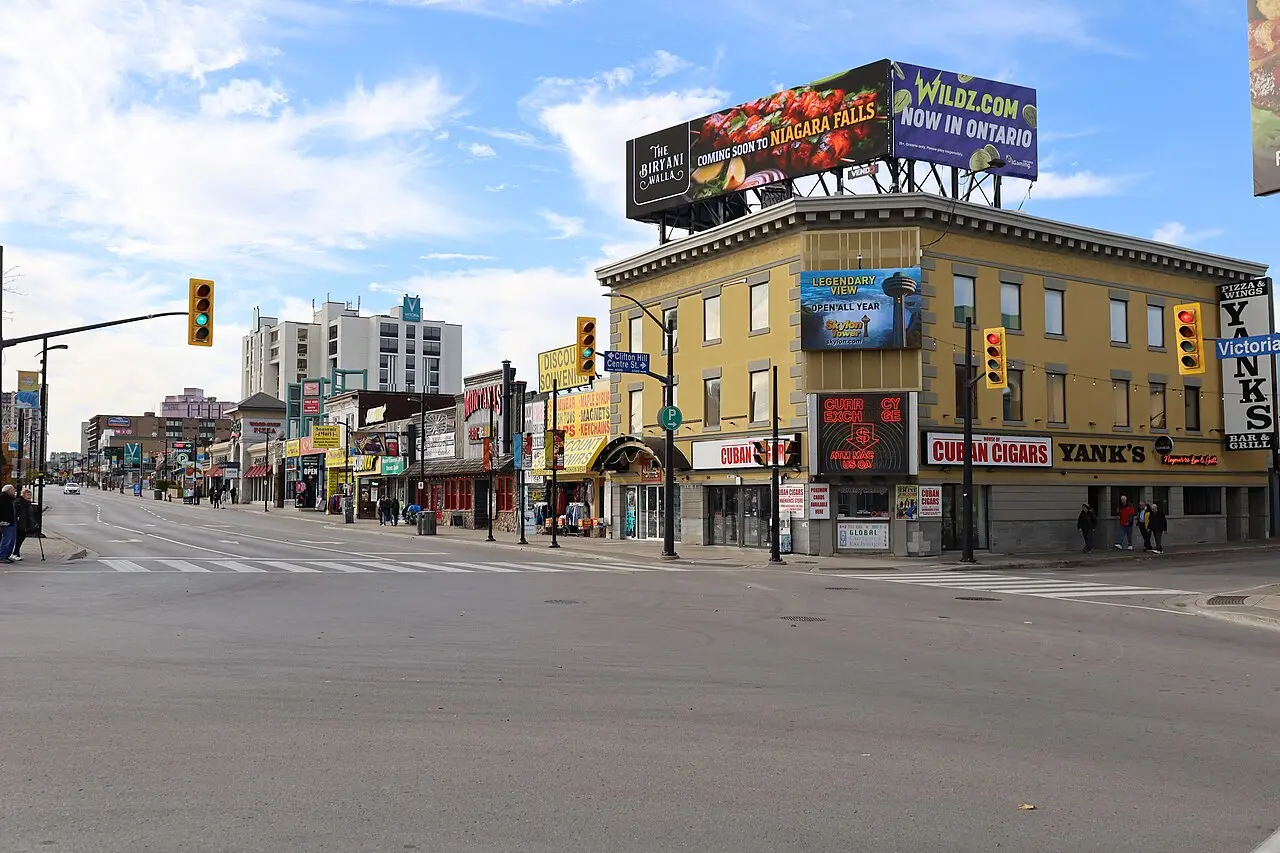 Clifton Hill neon signs and tourist attractions under a blue sky in Niagara Falls