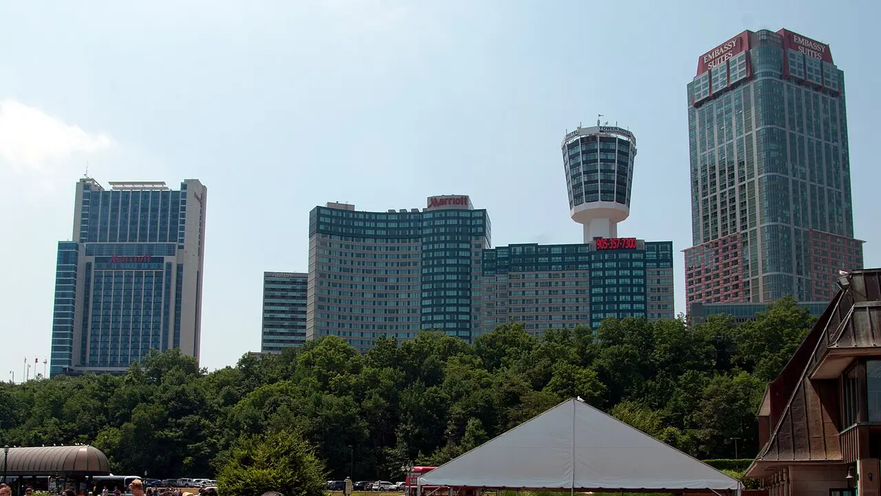 High-rise Fallsview hotels rising above the mist and gorge of Niagara Falls, Ontario