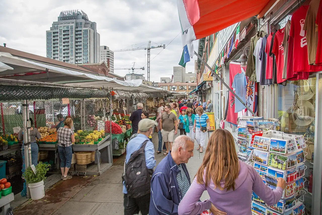 Pedestrians and cafe terraces along a street in Ottawa ByWard Market