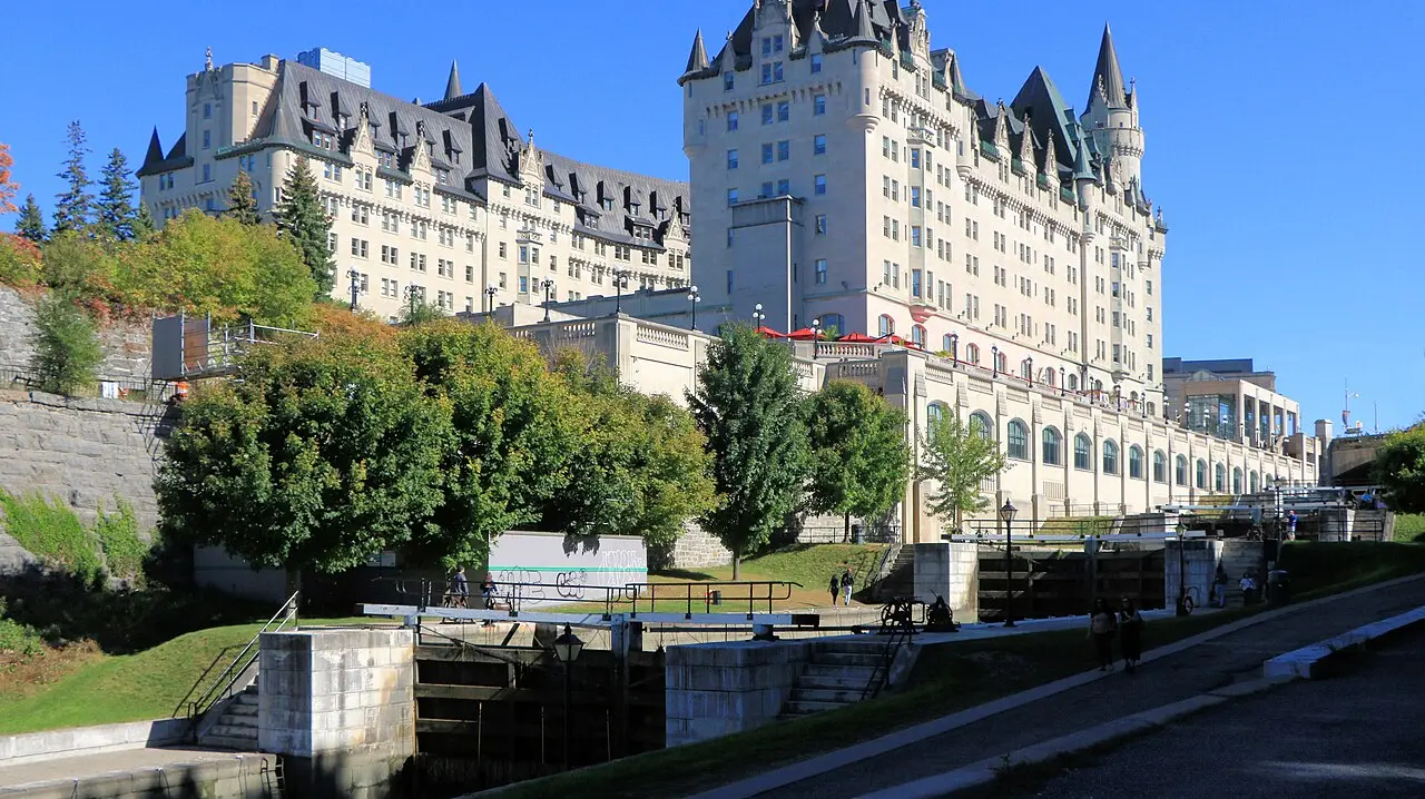 Fairmont Château Laurier rising above the Rideau Canal locks in downtown Ottawa