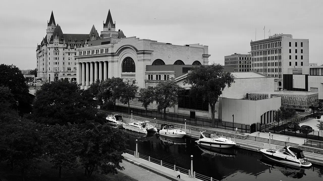 Looking along the Rideau Canal toward downtown Ottawa towers on a clear day