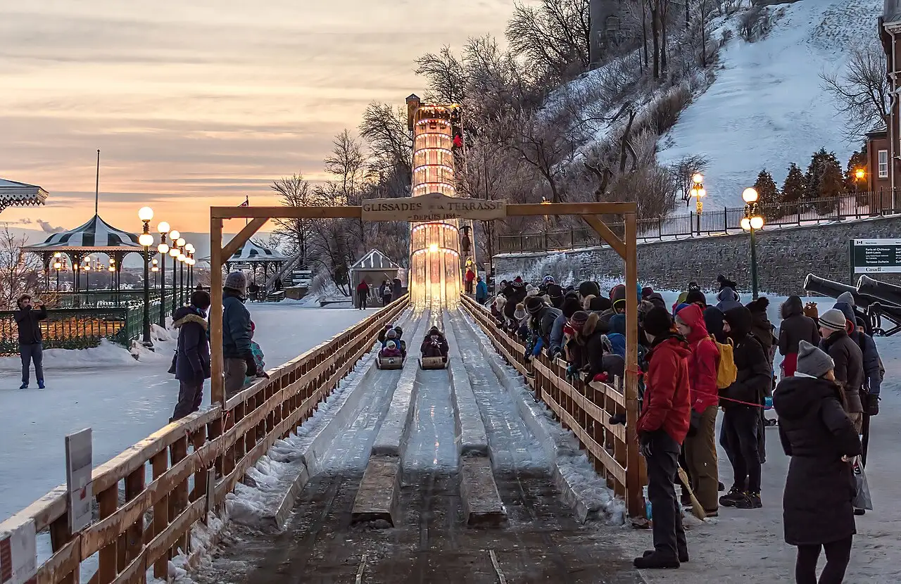 The toboggan slide on Terrasse Dufferin in Quebec City during a freezing rain day