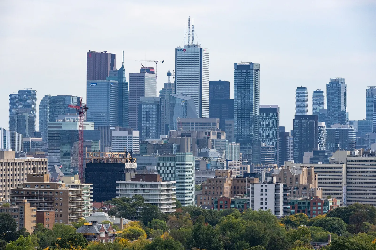 The downtown Toronto skyline of office and condo towers seen from the north on a clear day