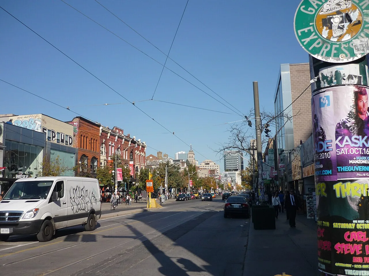 Shops and streetcar tracks along Queen Street West in Toronto