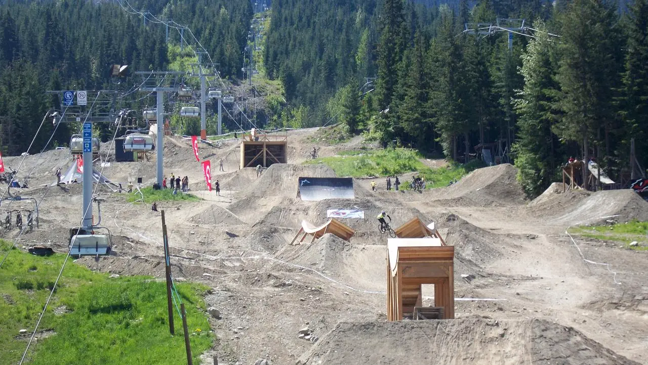 Wooden features on the Whistler Mountain Bike Park slopestyle course