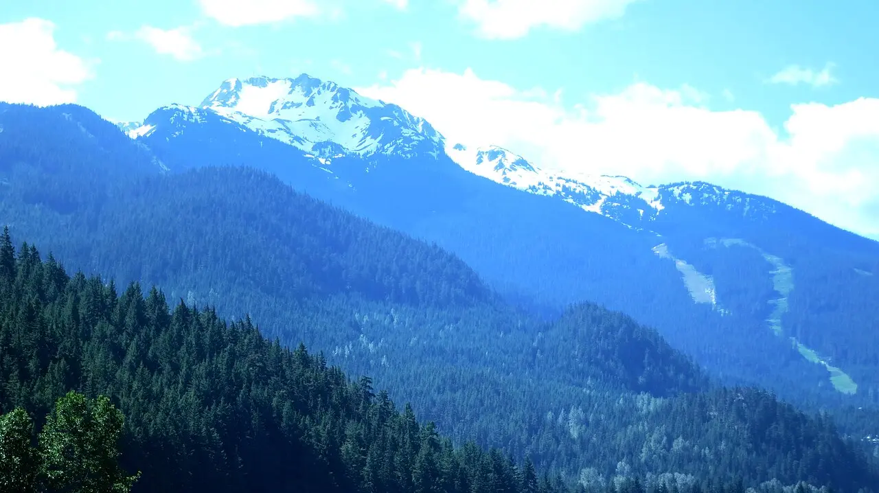 Whistler and Blackcomb mountains rising above Alta Lake on a clear summer day