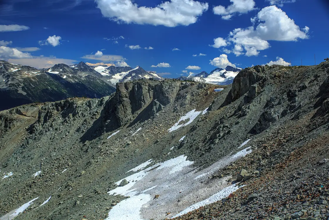 Hikers on rocky alpine terrain at the top of Whistler Mountain in summer
