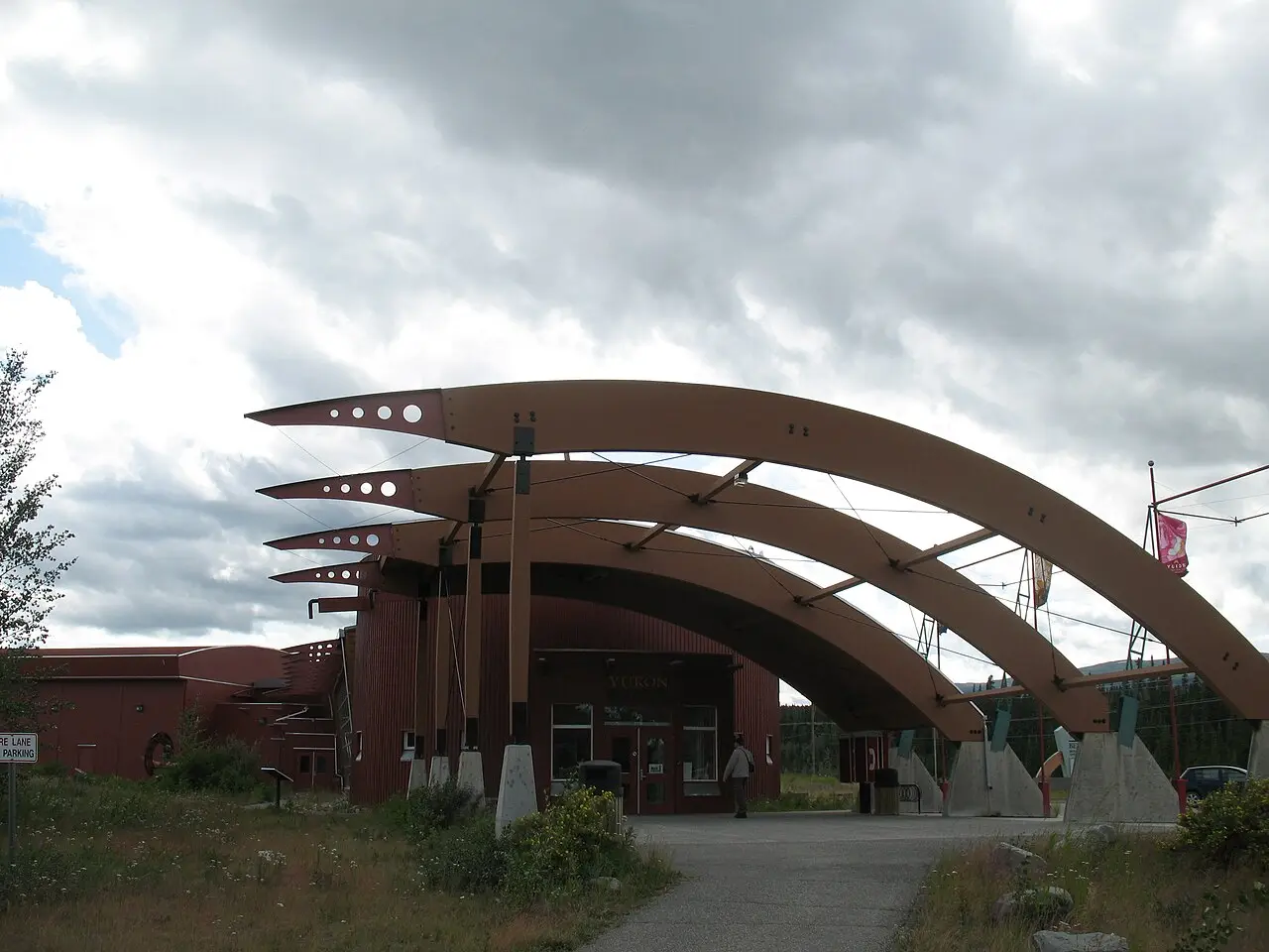Entrance sign and building of the Yukon Beringia Interpretive Centre in Whitehorse
