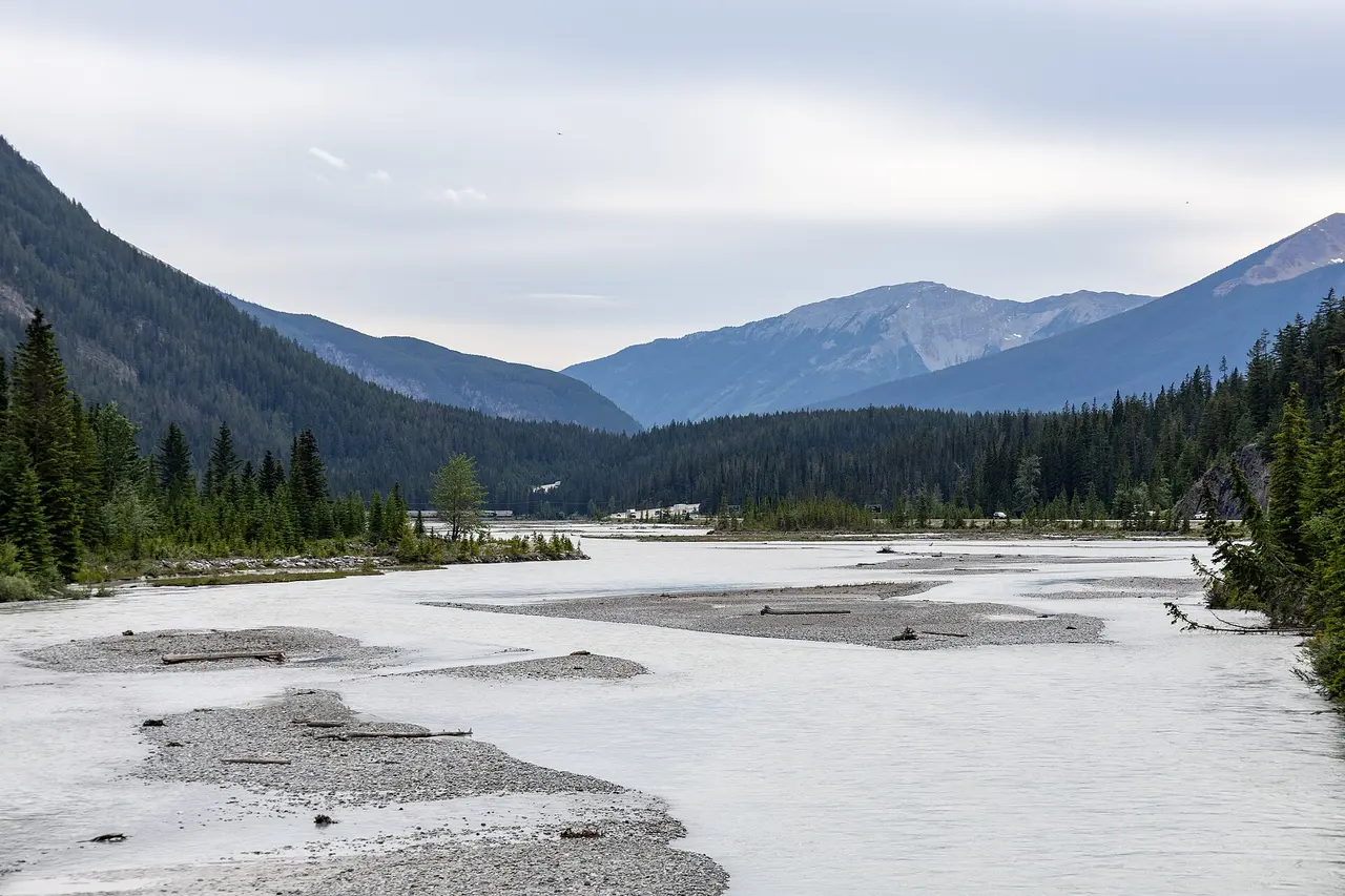 The Kicking Horse River flowing past the village of Field in Yoho National Park