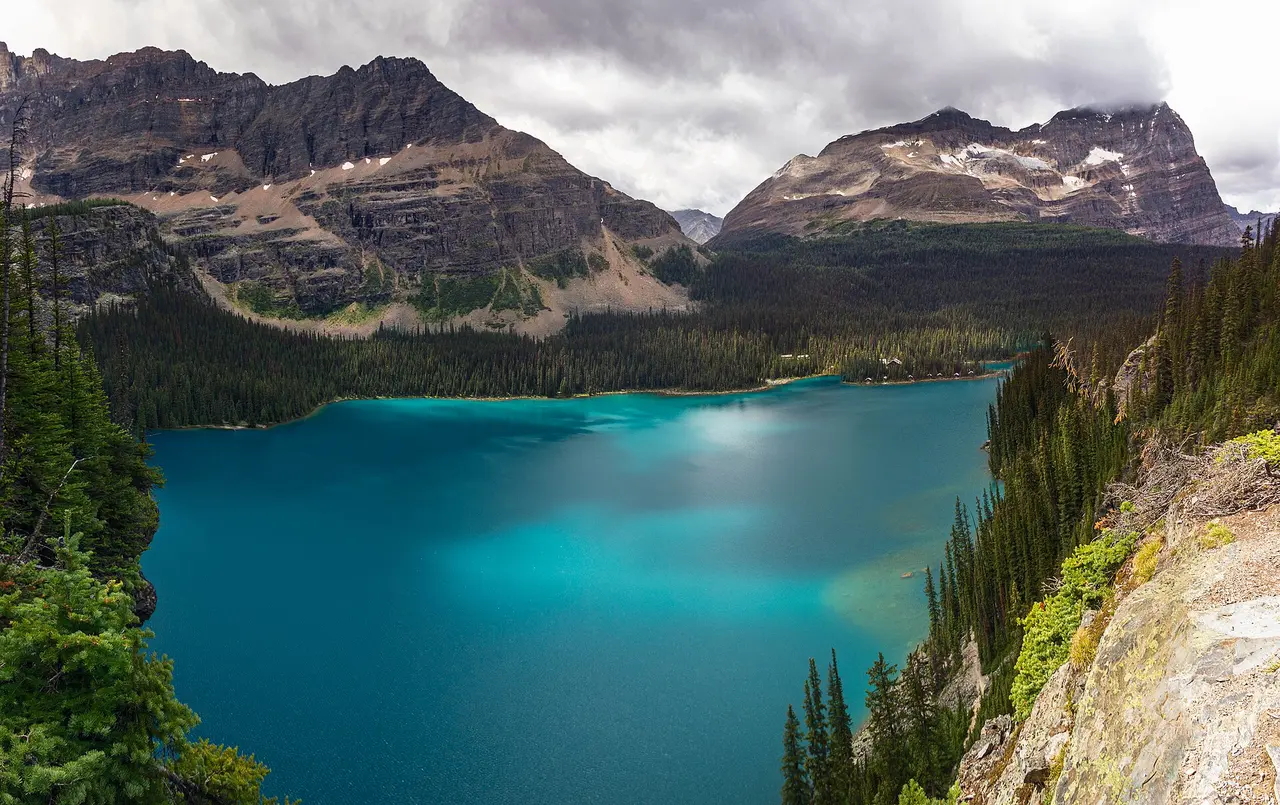 The alpine basin of Lake O'Hara ringed by peaks in Yoho National Park