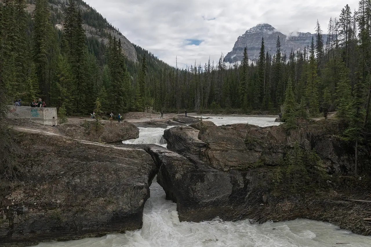 The Kicking Horse River rushing under the Natural Bridge rock arch in Yoho