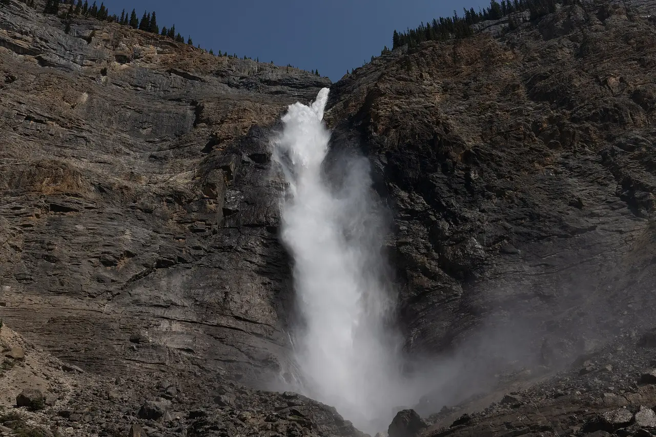 Takakkaw Falls plunging from a high glacier-fed cliff in Yoho National Park